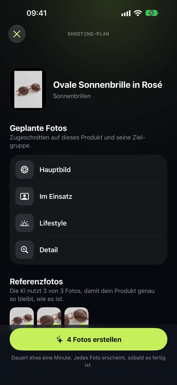 Der Shooting-Plan mit vier geplanten Fotos