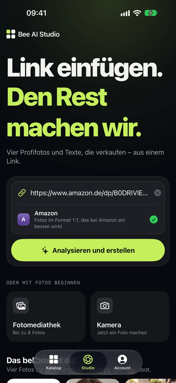 Der Studio-Bildschirm mit eingefügtem Produktlink