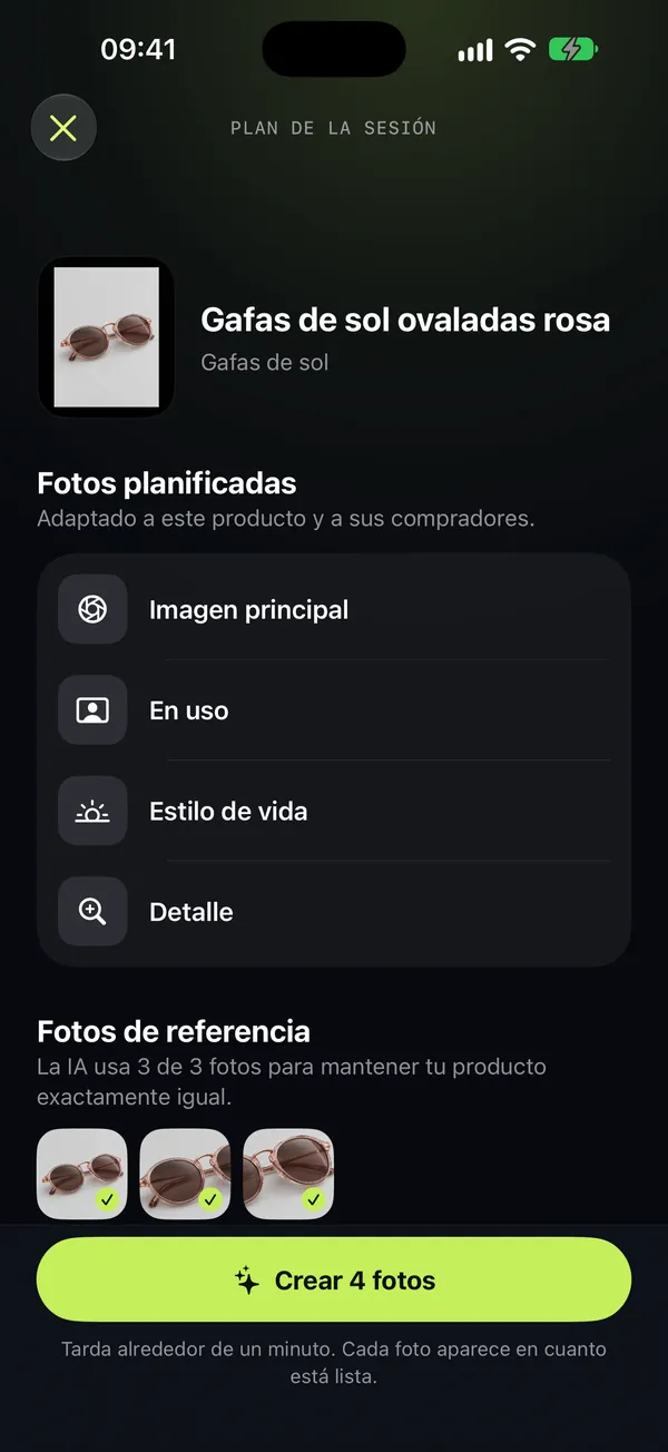 El plan de sesión con cuatro fotos planificadas