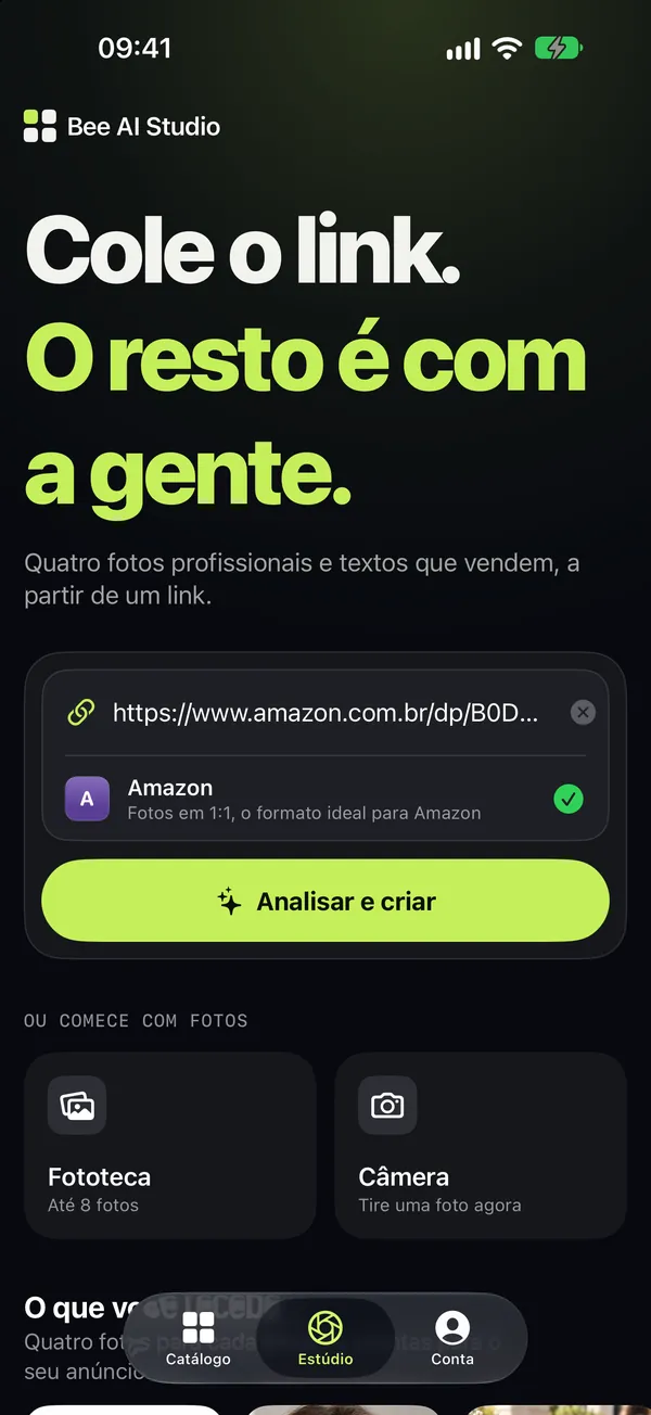 A tela Estúdio com um link de produto colado